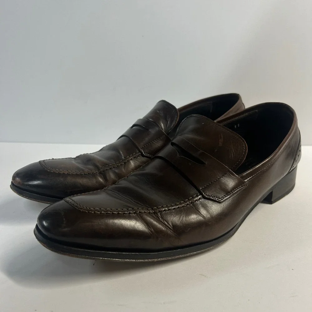 To Boot New York Brown Leather Penny Loafers Mens 11 Made in Italy Brogue Detail